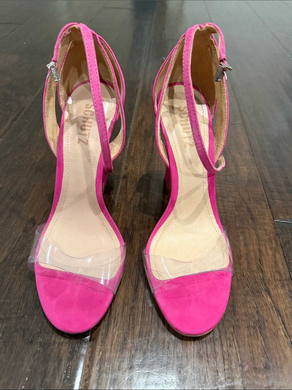 SCHUTZ Hot Pink Suede Ankle-Strap Heels with Clear Toe Strap